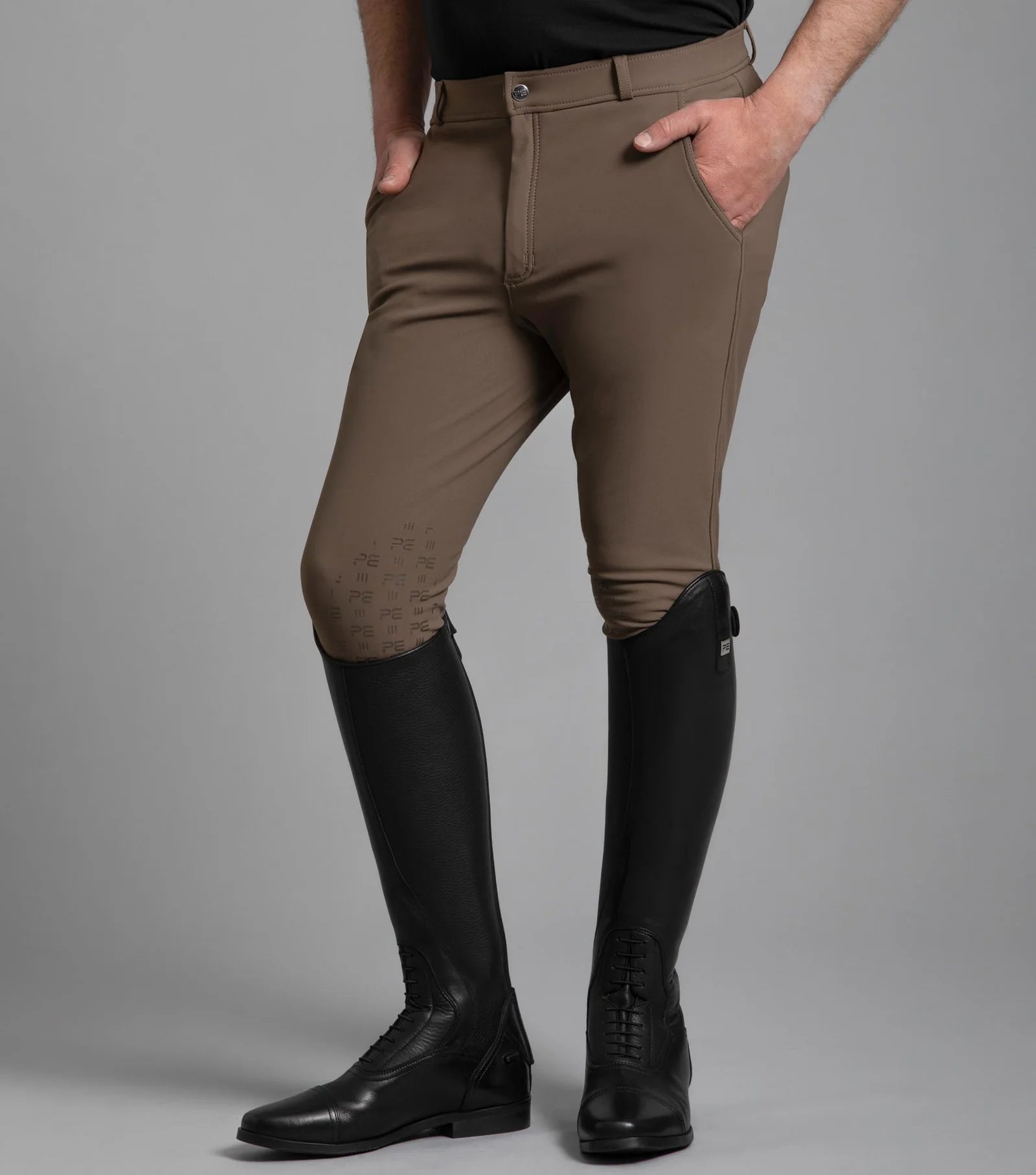 Premier Equine Santino Men's Riding Breeches - Gel Knee, Walnut Color. Equestrian Apparel for Optimal Performance and Comfort.