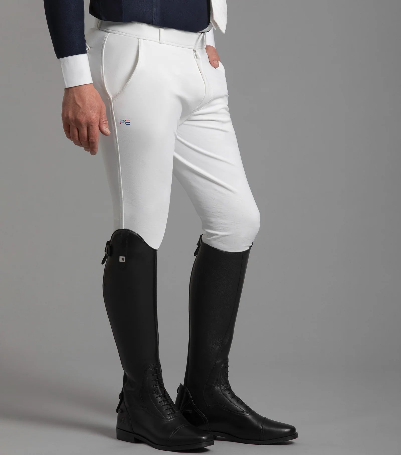 Premier Equine Santino Men's Breeches - White riding pants, gel knee, equestrian apparel.