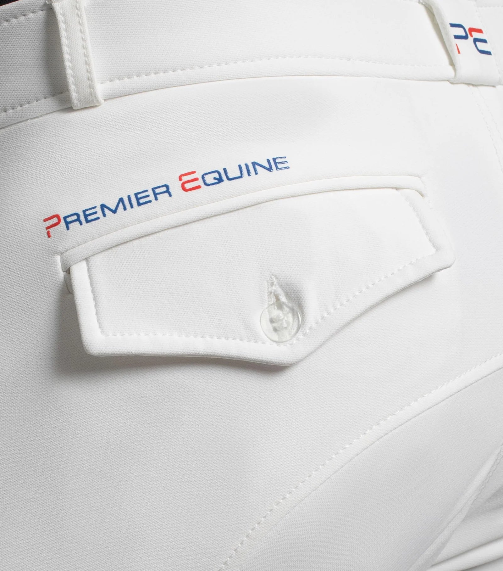 Premier Equine White Breeches: Gel Knee Equestrian Competition Pants. Stylish riding apparel.