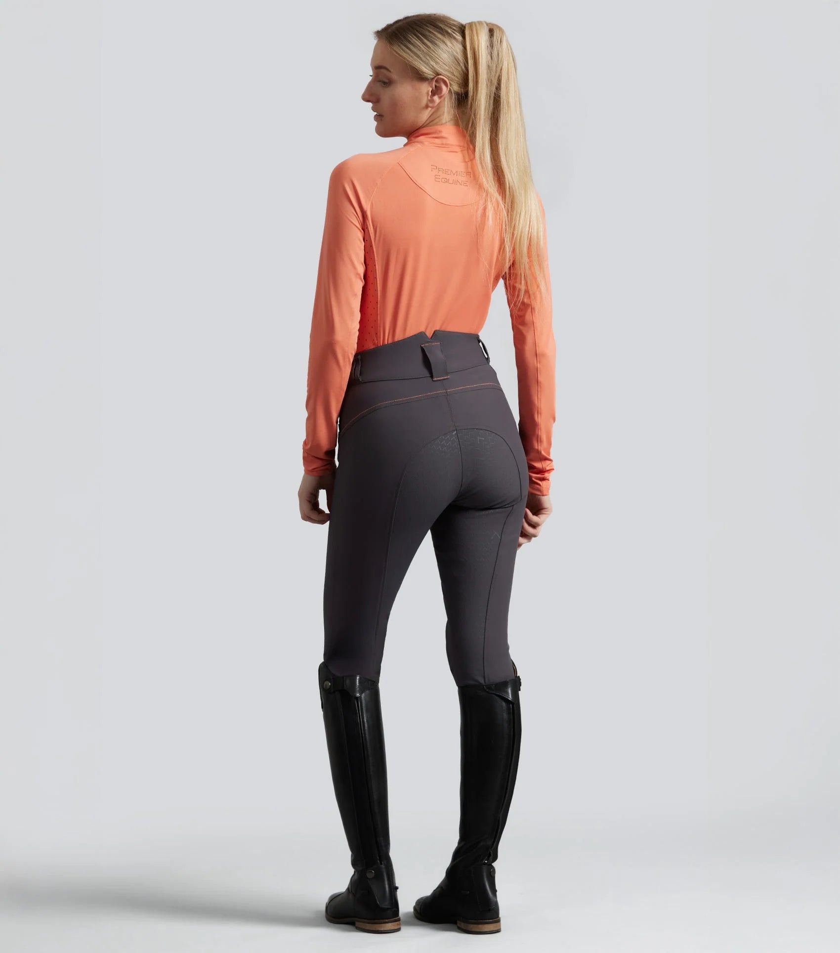 Premier Equine Savio Riding Breeches: Women's Equestrian Full Seat Breeches in Anthracite Grey with Riding Boots