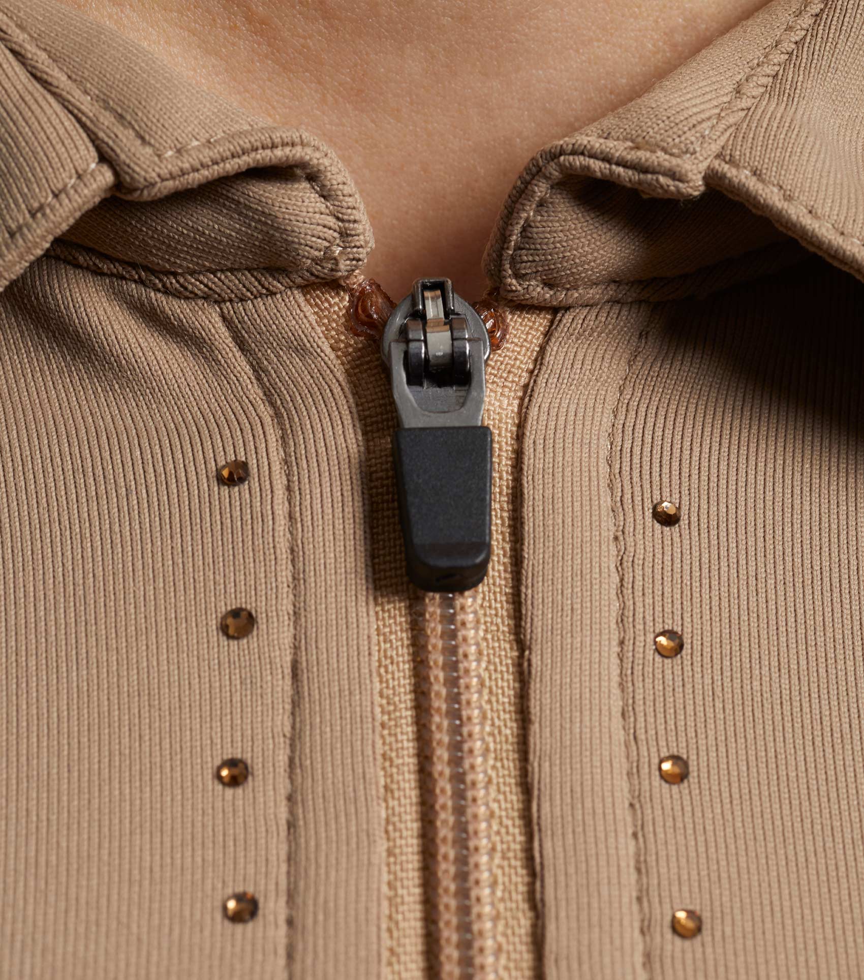Premier Equine Scintillo Beige Riding Top - Short Sleeve, Zip Collar, Equestrian Apparel with Stud Details