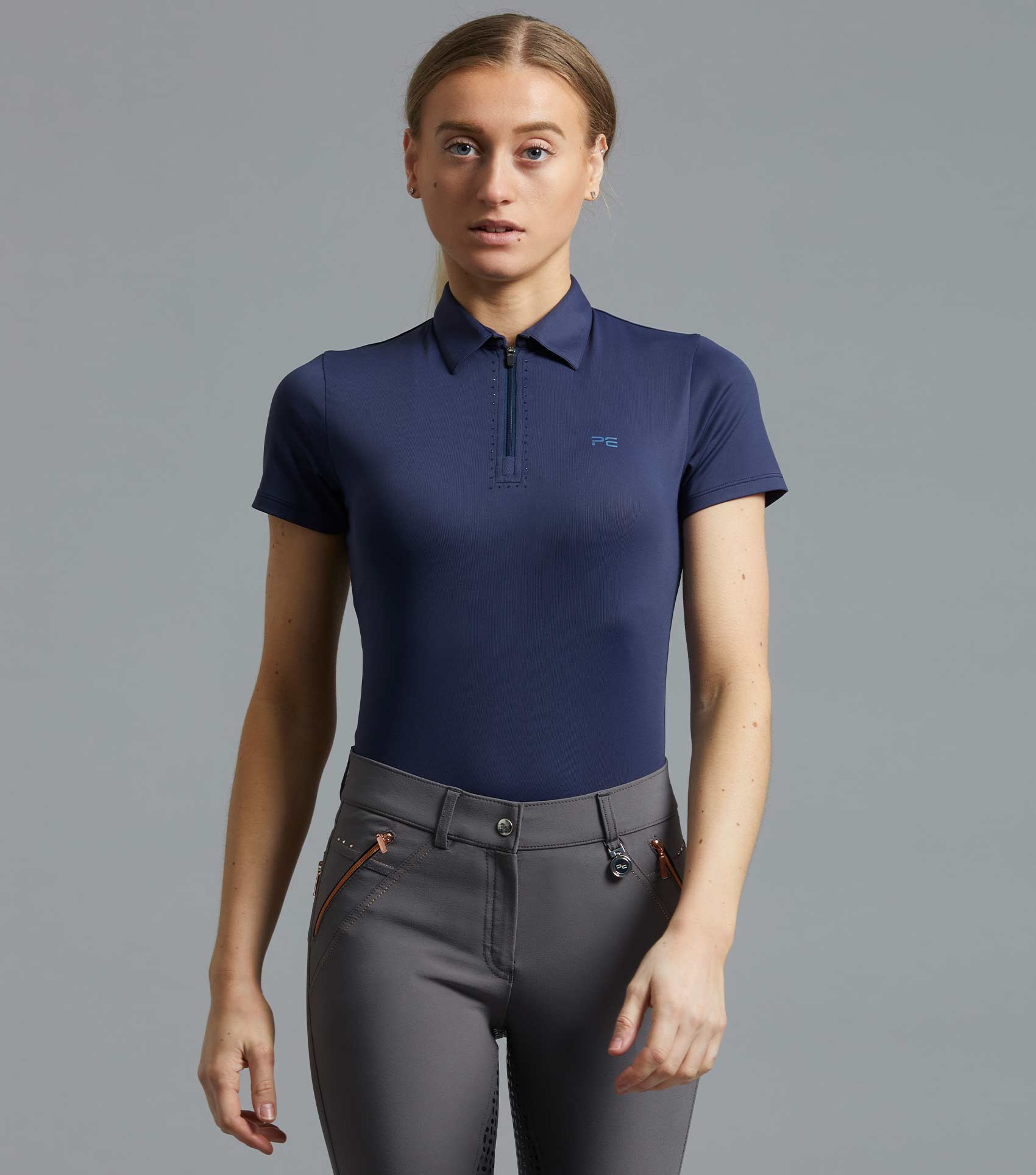 Premier Equine Navy Riding Top & Grey Equestrian Trousers for Ladies | Breathable, Stylish, & Functional Riding Apparel