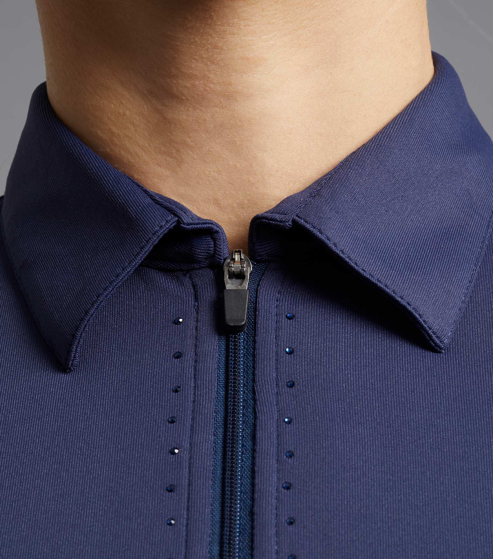 Premier Equine Scintillo Ladies Riding Top - Navy Short Sleeve Equestrian Shirt with Zip Collar Gemstone Detail