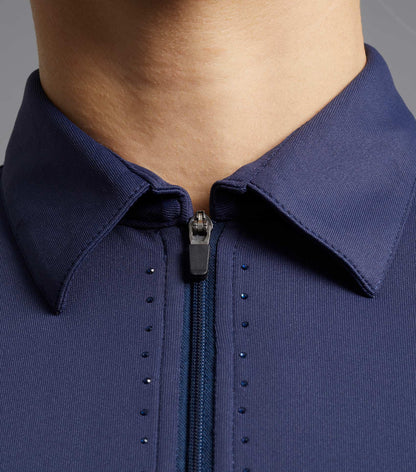 Premier Equine Scintillo Ladies Riding Top - Navy Short Sleeve Equestrian Shirt with Zip Collar Gemstone Detail