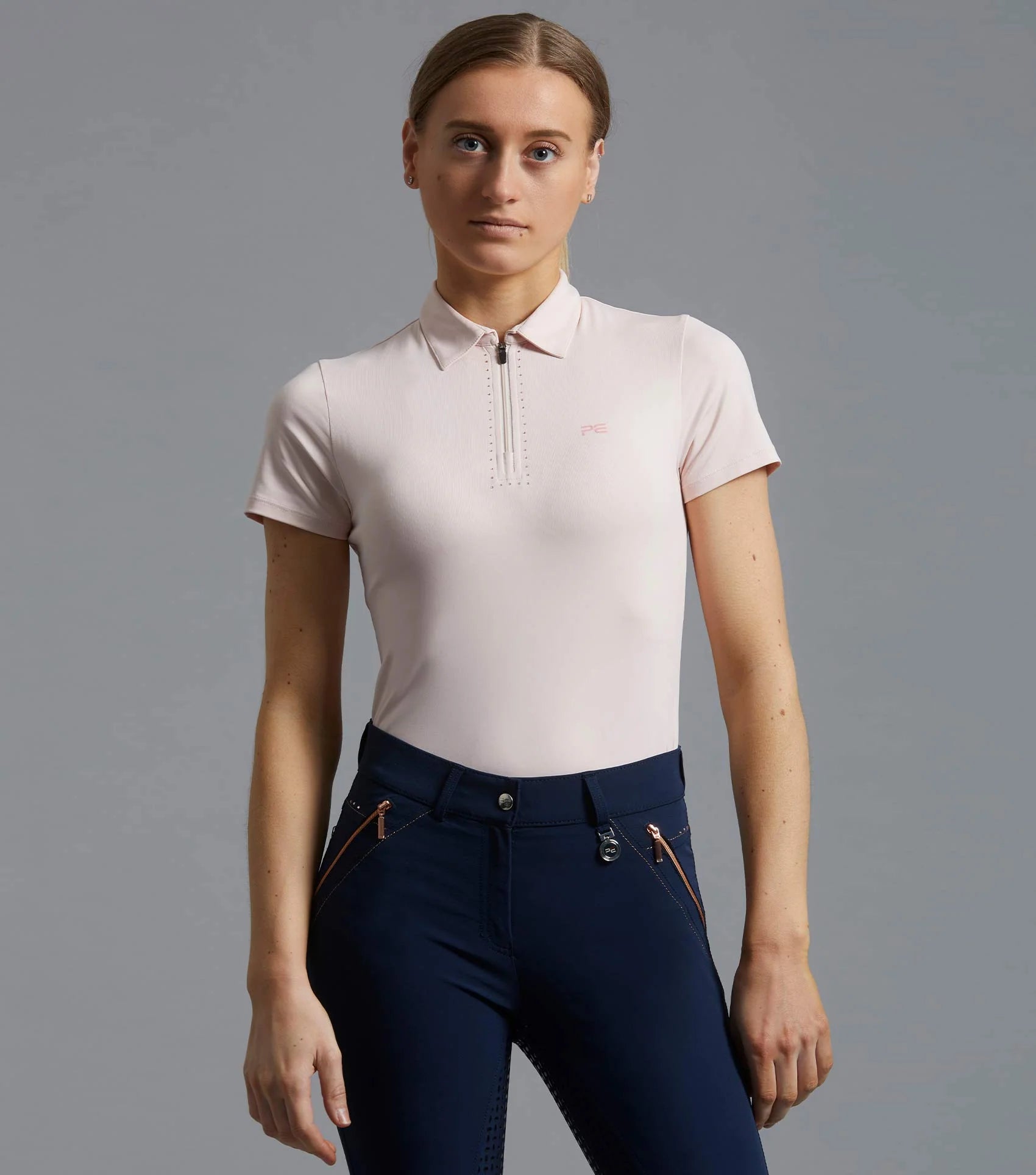 PREMIER EQUINE Scintillo Ladies Short Sleeve Riding Top - Pink. Equestrian Shirt with Breathable Fabric & Stylish Design.