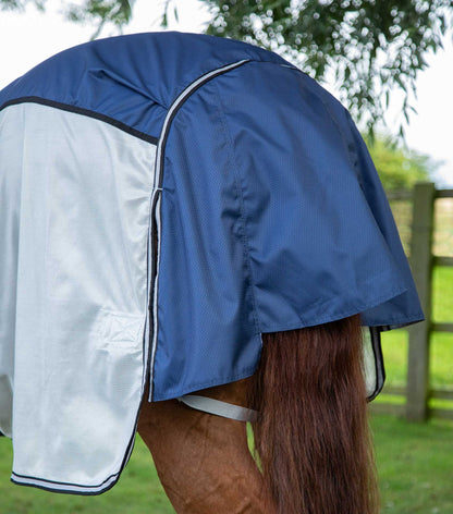 Horse wearing Premier Equine ShowerTex Navy waterproof fly rug with neck cover. Fly protection. Horse rug.