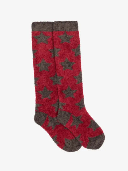 LeMieux Sasha Star Fluffies Ember Socks: Red knee-high socks with brown star pattern. Cozy & warm for winter. Shop Equiflair!