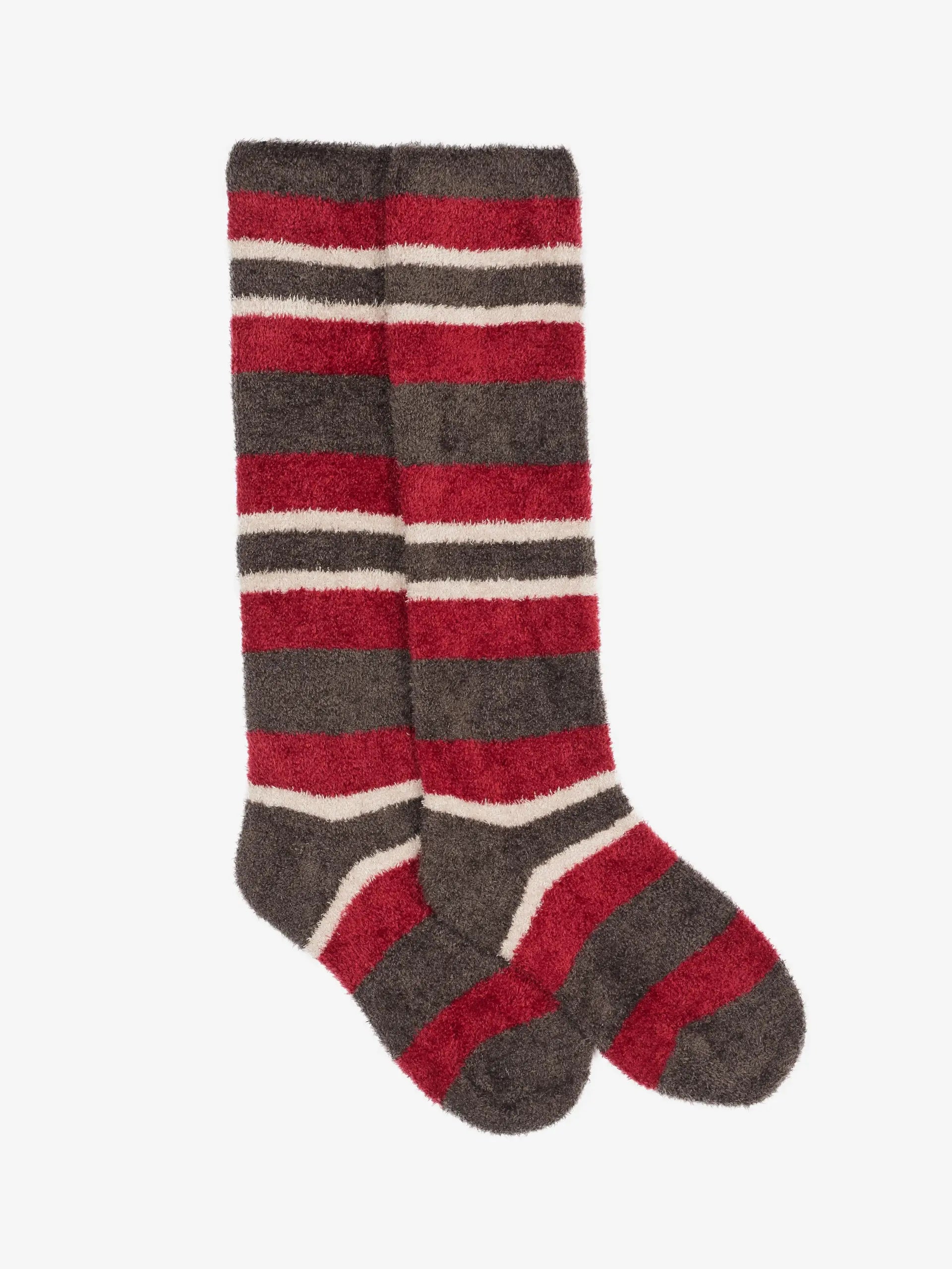 LEMIEUX Sabrina Stripe Fluffy Socks: Cozy knee-high socks in red, grey, and white stripes for ultimate winter warmth.