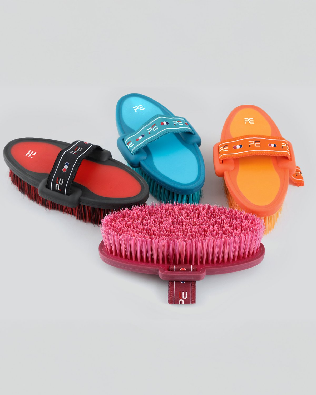 PREMIER EQUINE Soft-Touch Body Brush Black & Red, Blue, Orange & Pink - Horse Grooming Brush Set
