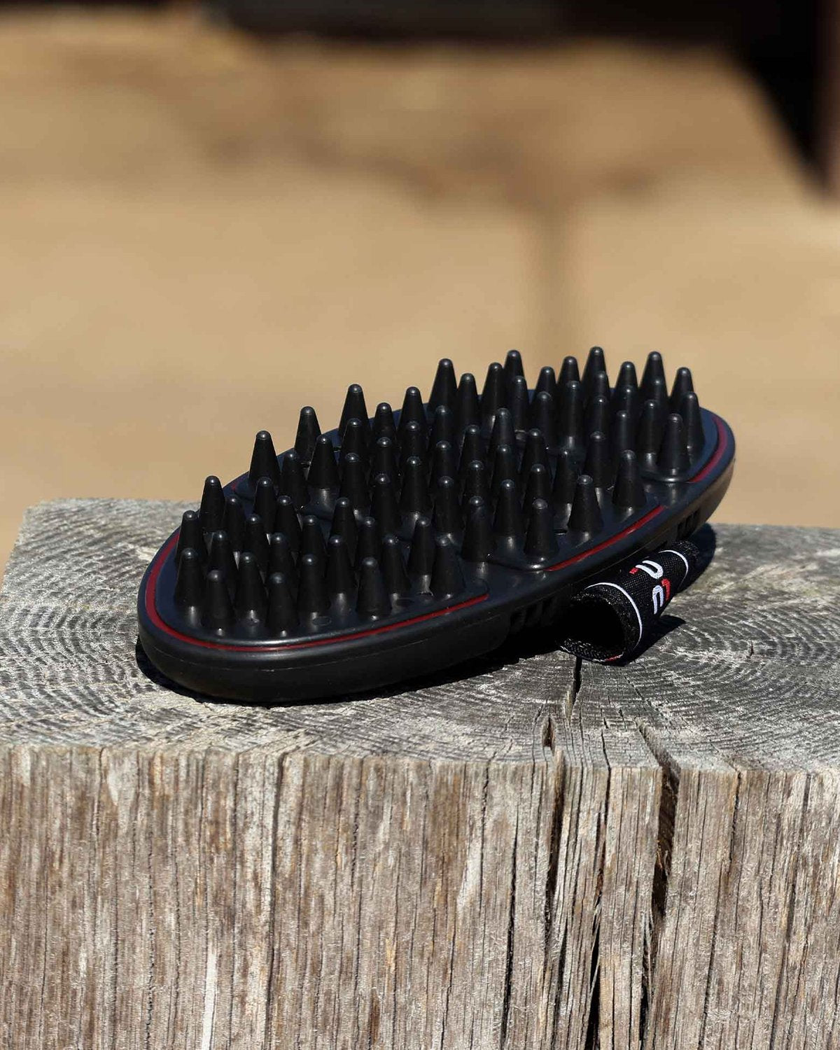 Premier Equine horse grooming massage brush: Black rubber curry comb with red trim, Equiflair.