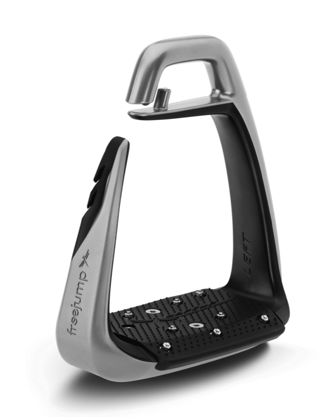 FREEJUMP SOFT UP CLASSIC Stirrups: Silver & Black Equestrian Stirrups for Safety, Comfort & Performance. Straight Leg Design