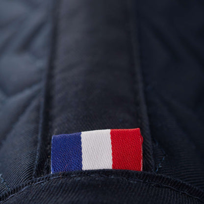 Premier Equine navy dressage square saddle pad with French flag detail - equestrian apparel.