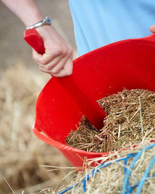 Red Gorilla Stir Up: Equine Feed Scoop in Use, Loading Hay from Bale