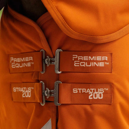 Premier Equine Stratus 200 Horse Turnout Rug in Orange: Close-up of Buckles & Brand Logos