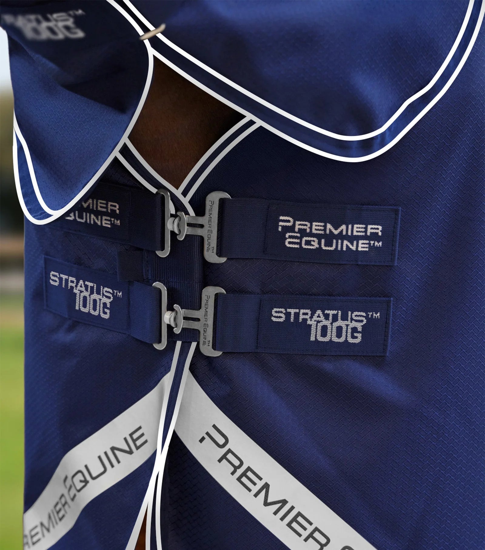Premier Equine Stratus 100g Turnout Rug, Navy Blue. Horse Rug with Straps & Buckles.