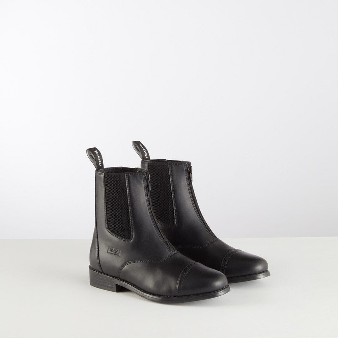 Black leather Toggi Augusta children's jodhpur boots with front zip and brogue detailing.
