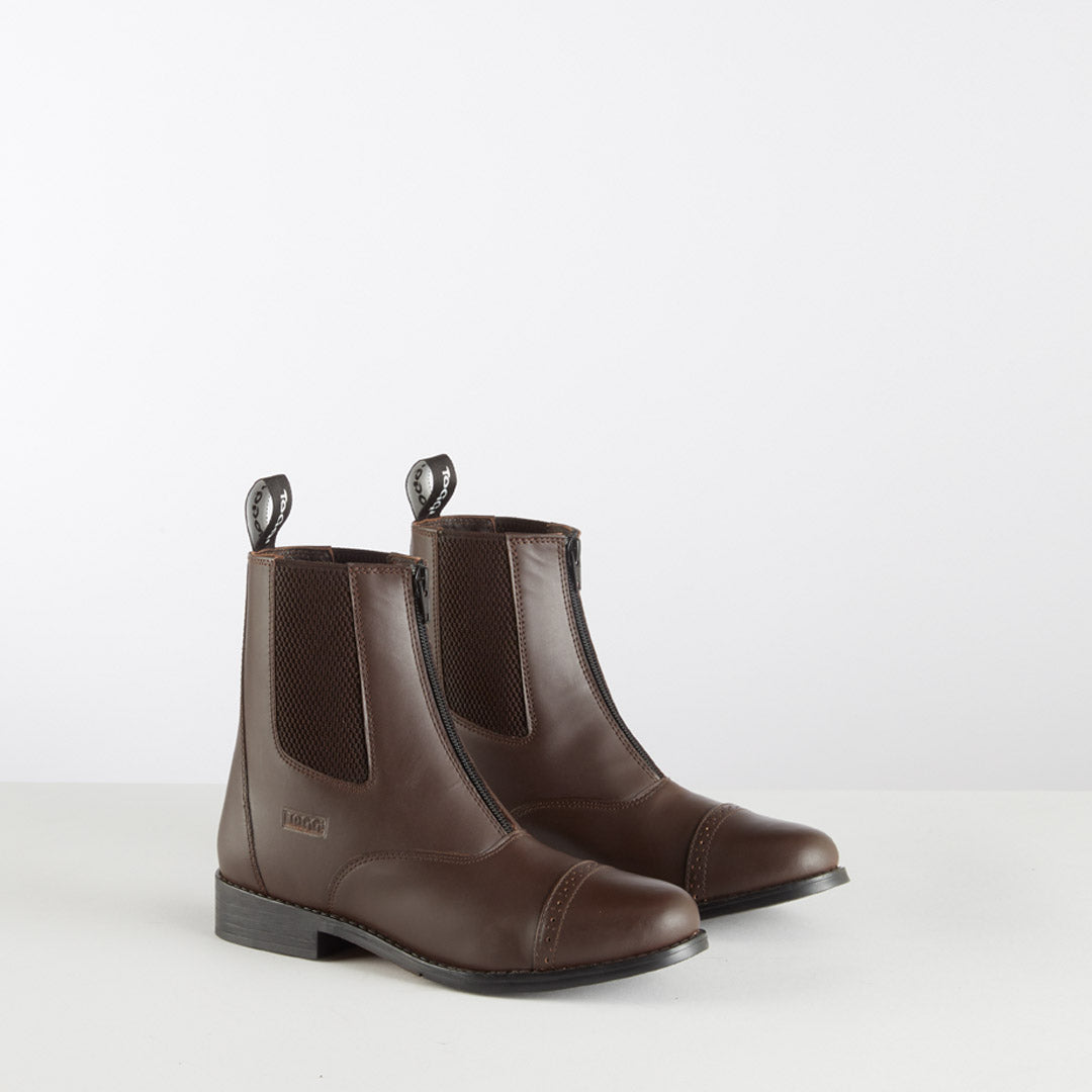 TOGGI Augusta children's jodhpur boots, brown leather riding boots with front zipper and brogue detail.