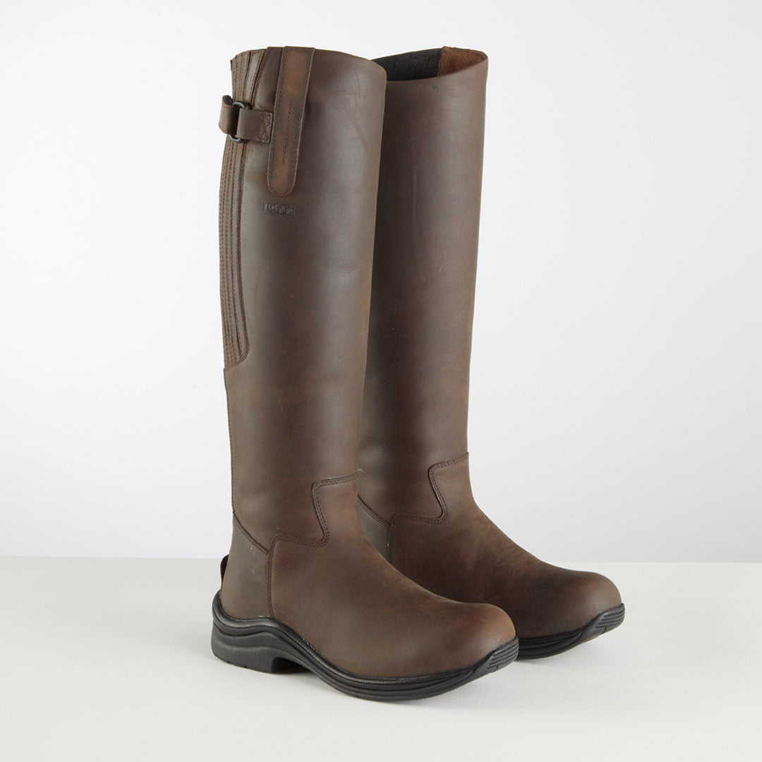 Brown leather Toggi Calgary wide fit riding boots with YKK zip and elasticated panels