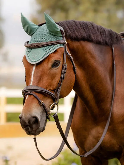 LeMieux Classic Fly Hood - Green Fly Mask for Horses: Crochet Design, Ear Protection, Stylish Equestrian Gear Close-up