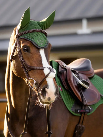 Horse wearing LeMieux Hunter Green Fly Hood | Equestrian Protection & Style