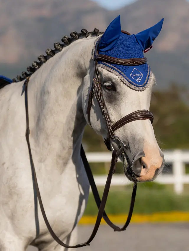 LeMieux Benneton Blue Fly Hood on Grey Horse | Equine Protection and Style