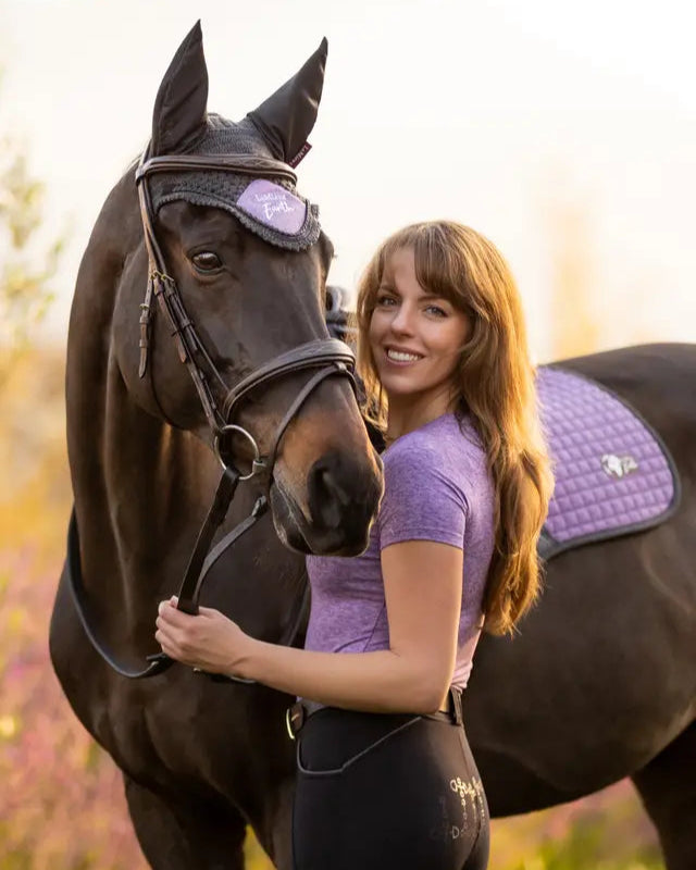 LEMIEUX EARTH FLY HOOD THISTLE: Woman & Horse. Eco-Friendly, Sustainable Horse Riding Equipment.