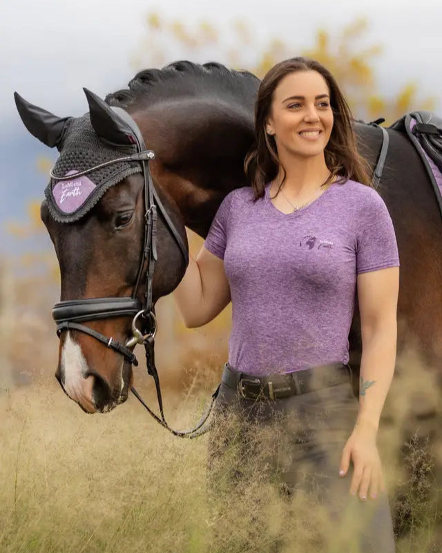 Woman with horse wearing LEMIEUX EARTH FLY HOOD THISTLE - Sustainable Equestrian Style