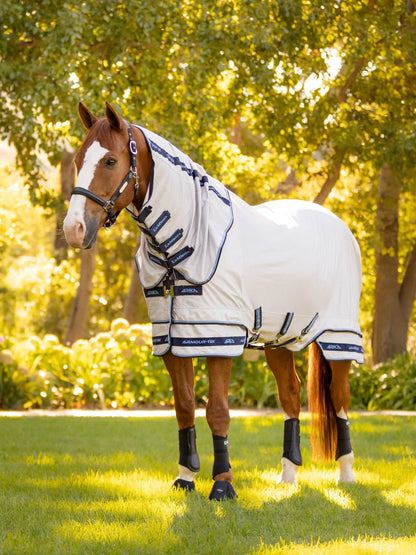 Horse wearing Lemieux Arika Armour-Tek fly rug and leg protectors in grassy field. UV Protection and Fly Defense.