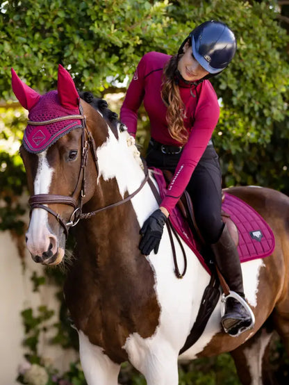 LEMIEUX CLASSIC FLY HOOD MULBERRY on Horse with Rider: Equestrian Style, Horse Fly Protection, LEMIEUX Riding Ensemble