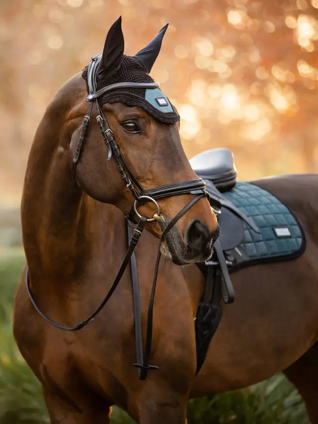 LeMieux Rhone Fly Hood - Petrol Blue Equestrian Horse Fly Bonnet Ear Net. Vintage Hand Knitted Crochet Horse Gear from Equiflair.