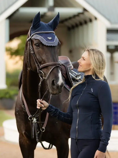 LeMieux Loire Fly Hood Twilight Navy on Horse - Equiflair Ear Bonnet