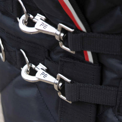 Premier Equine Stable Rug Detailing: Quilted Black Rug with Stainless Steel Clips