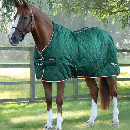 Horse wearing a Premier Equine Tuscan 100G Green Quilted Stable Rug. Lightweight horse rug for stable use.