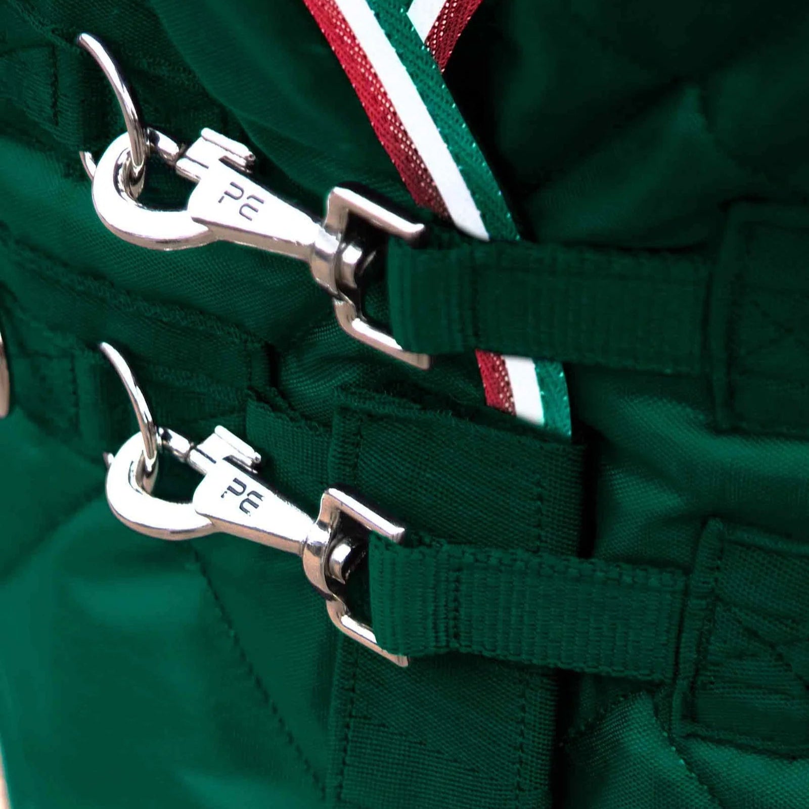PREMIER EQUINE TUSCAN STABLE RUG 100G GREEN | Equestrian Horse Rug with clips and green straps detail.