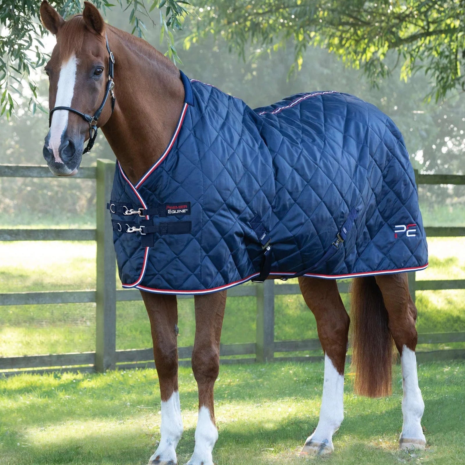 PREMIER EQUINE Tuscan 100g Navy Stable Rug on Horse | Quilted Design, Lightweight Horse Rug