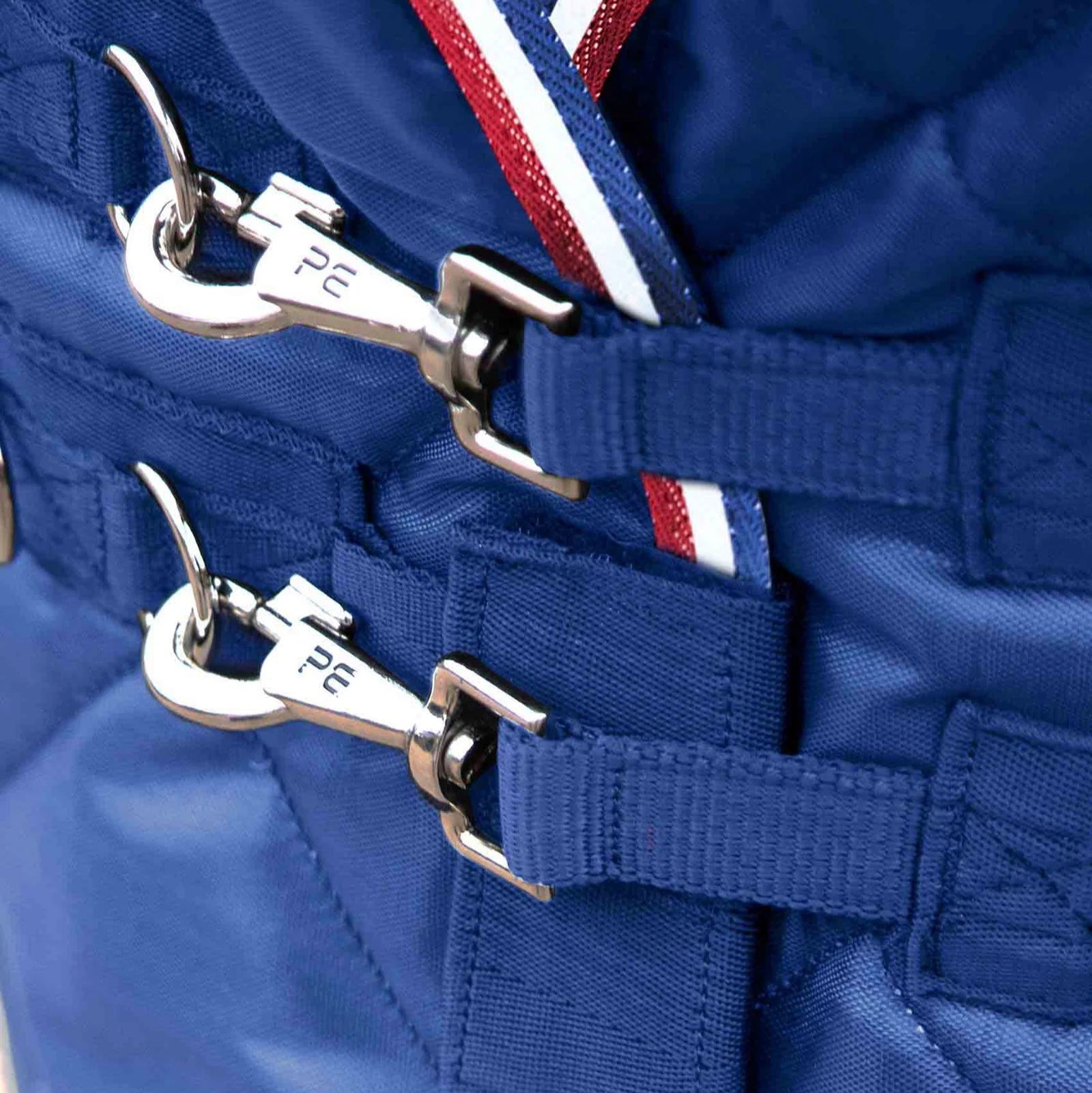Premier Equine Tuscan 100g Stable Rug: Close-up of Fastenings and Straps, horse blanket, navy blue equestrian wear