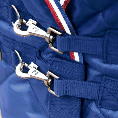 Premier Equine Tuscan 100g Stable Rug: Close-up of Fastenings and Straps, horse blanket, navy blue equestrian wear