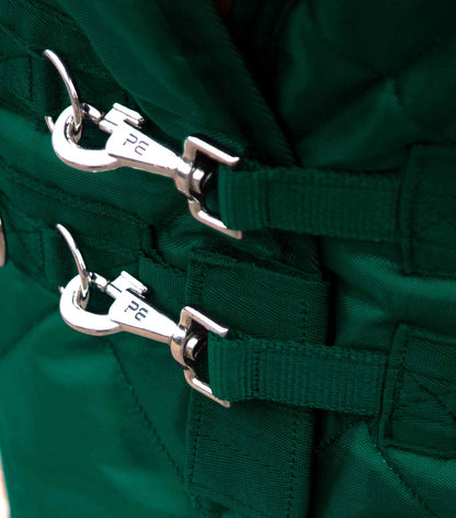 Close up of Premier Equine Tuscan 200g Horse Stable Rug in Green with Stainless Steel Clips
