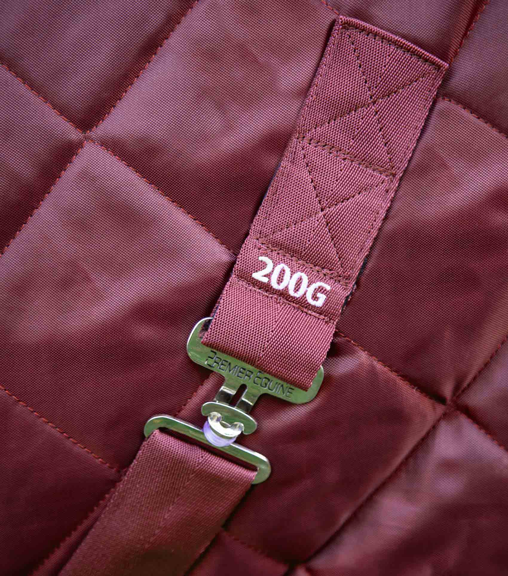 Premier Equine Tuscan 200g Stable Rug - Burgundy Horse Blanket, quilting detail, Premier Equine clip closure, equine tack