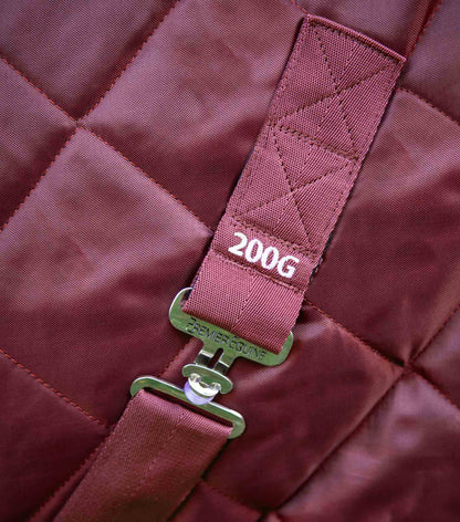 Premier Equine Tuscan 200g Stable Rug - Burgundy Horse Blanket, quilting detail, Premier Equine clip closure, equine tack