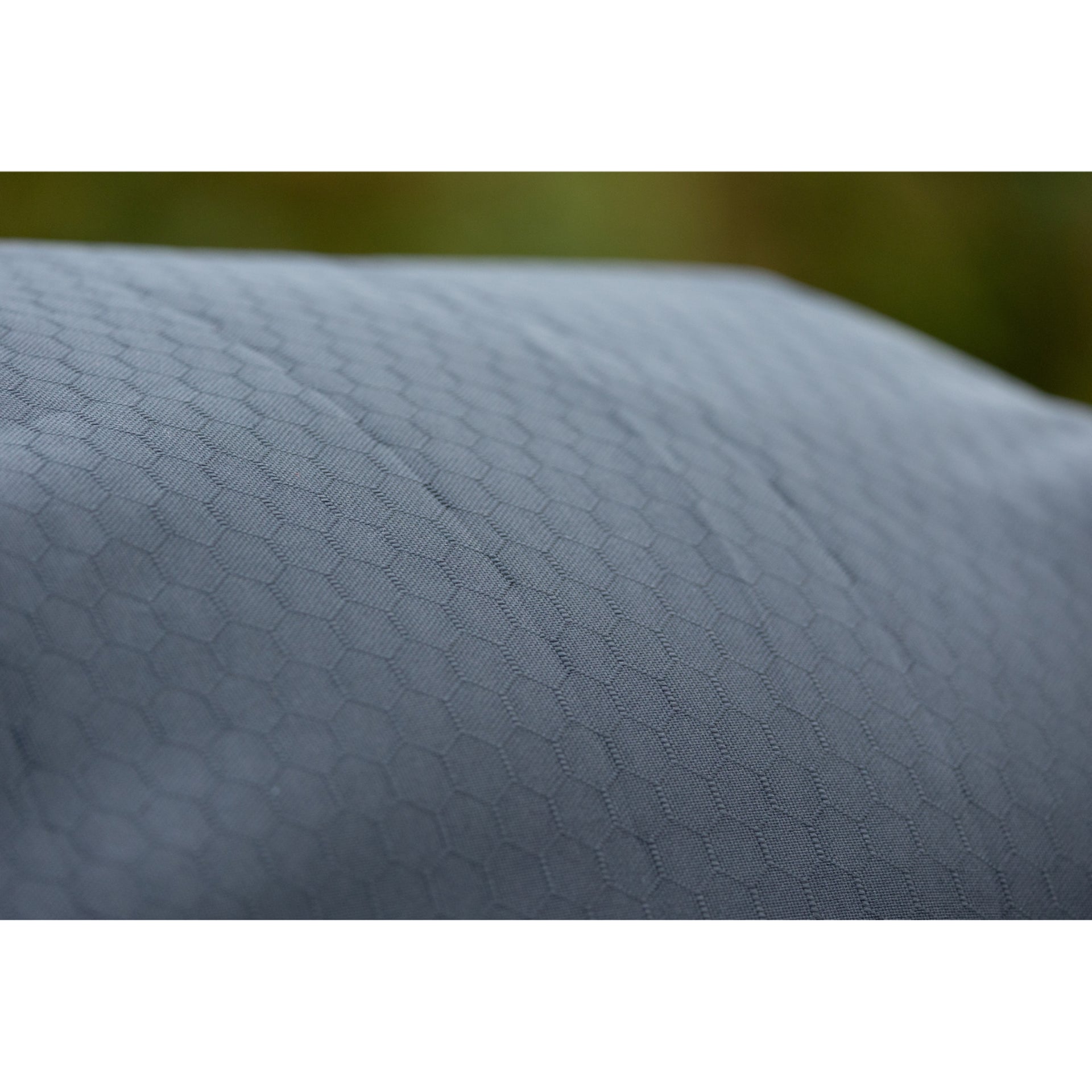 DefenceX Shield 200g Turnout Rug, Navy. Waterproof horse rug with ripstop material and hexagonal pattern, close-up.