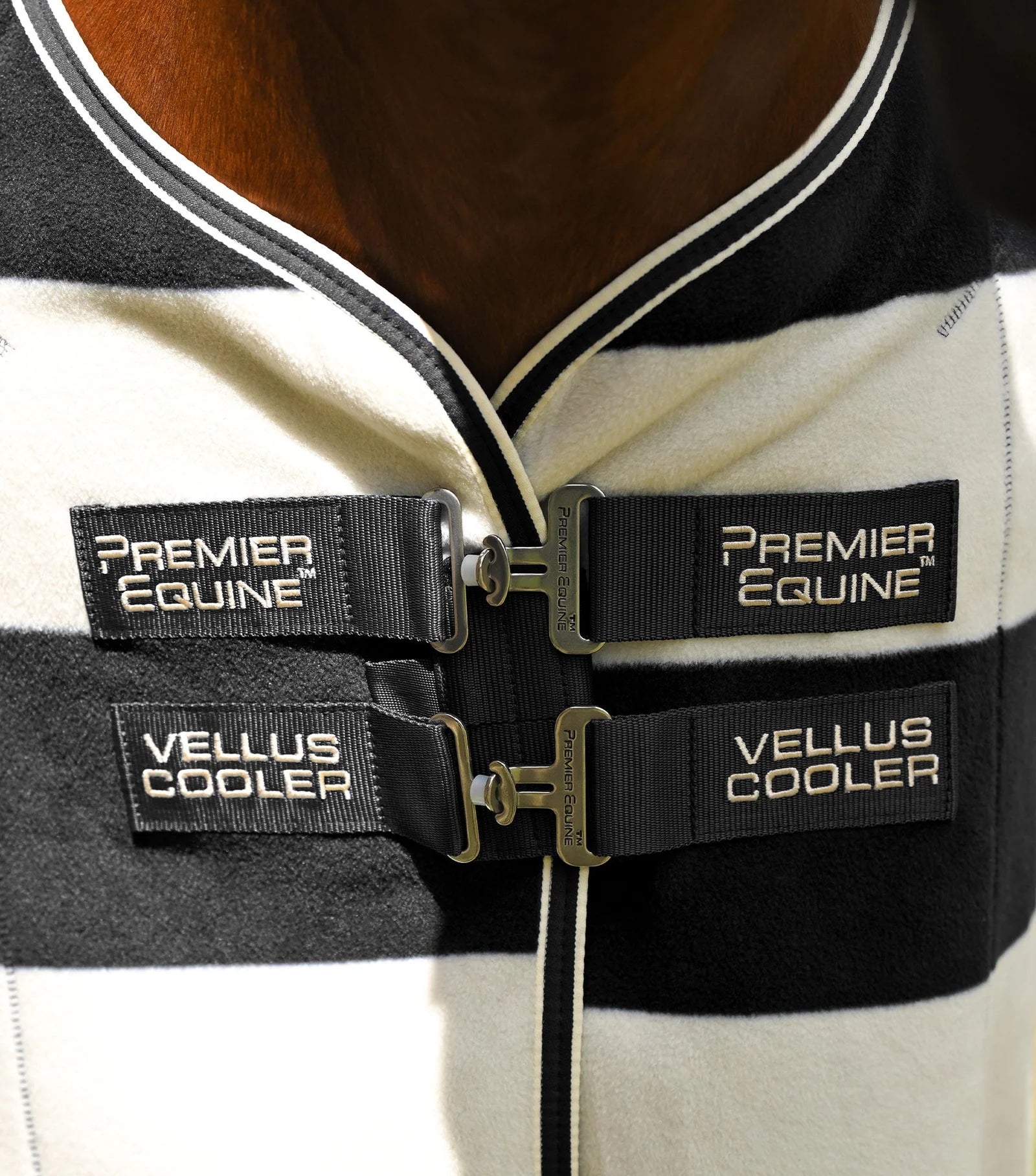 Premier Equine Vellus Cooler: Black & White Horse Fleece Rug. Warm Horse Blanket for Cooling and Comfort.