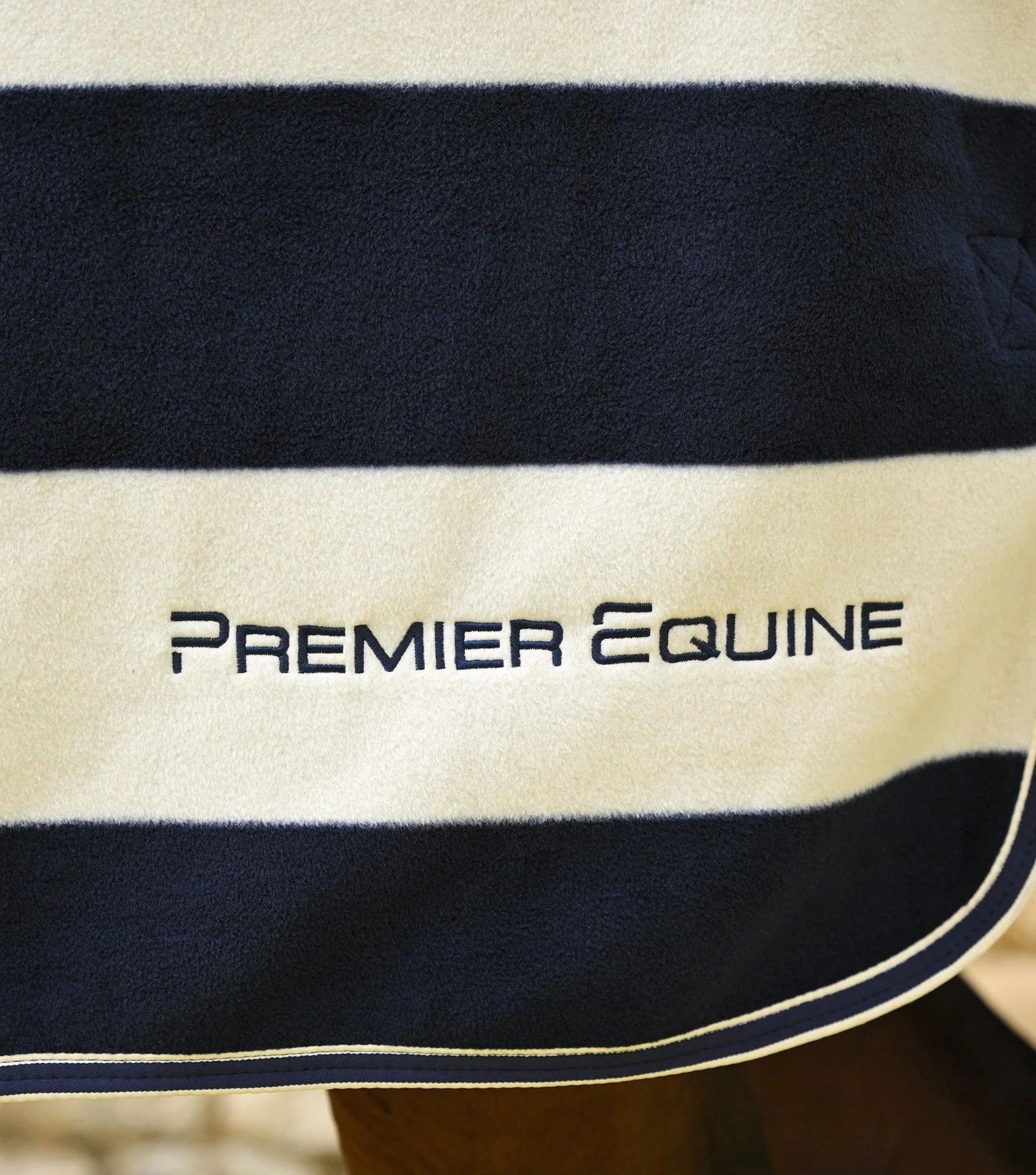 Premier Equine Navy/White Striped Horse Fleece Rug | Warm Horse Blanket with Embroidered Logo