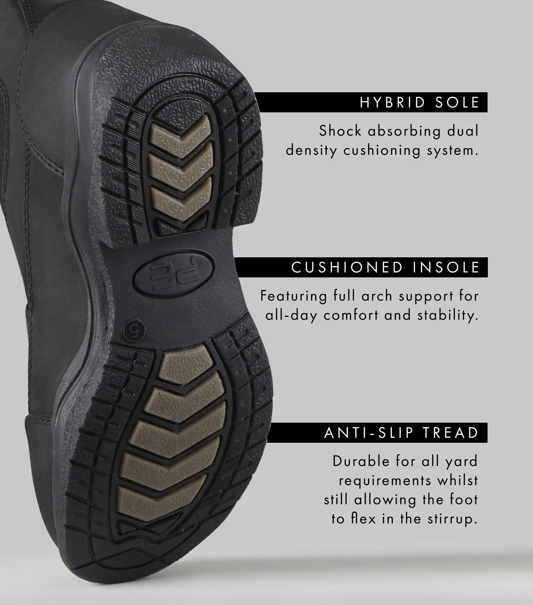 Equestrian Boots Features: Hybrid Sole, Cushioned Insole, Anti-Slip Tread. Waterproof yard boots for horse riding.