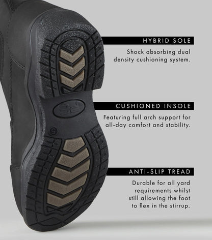 Equestrian Boots Features: Hybrid Sole, Cushioned Insole, Anti-Slip Tread. Waterproof yard boots for horse riding.