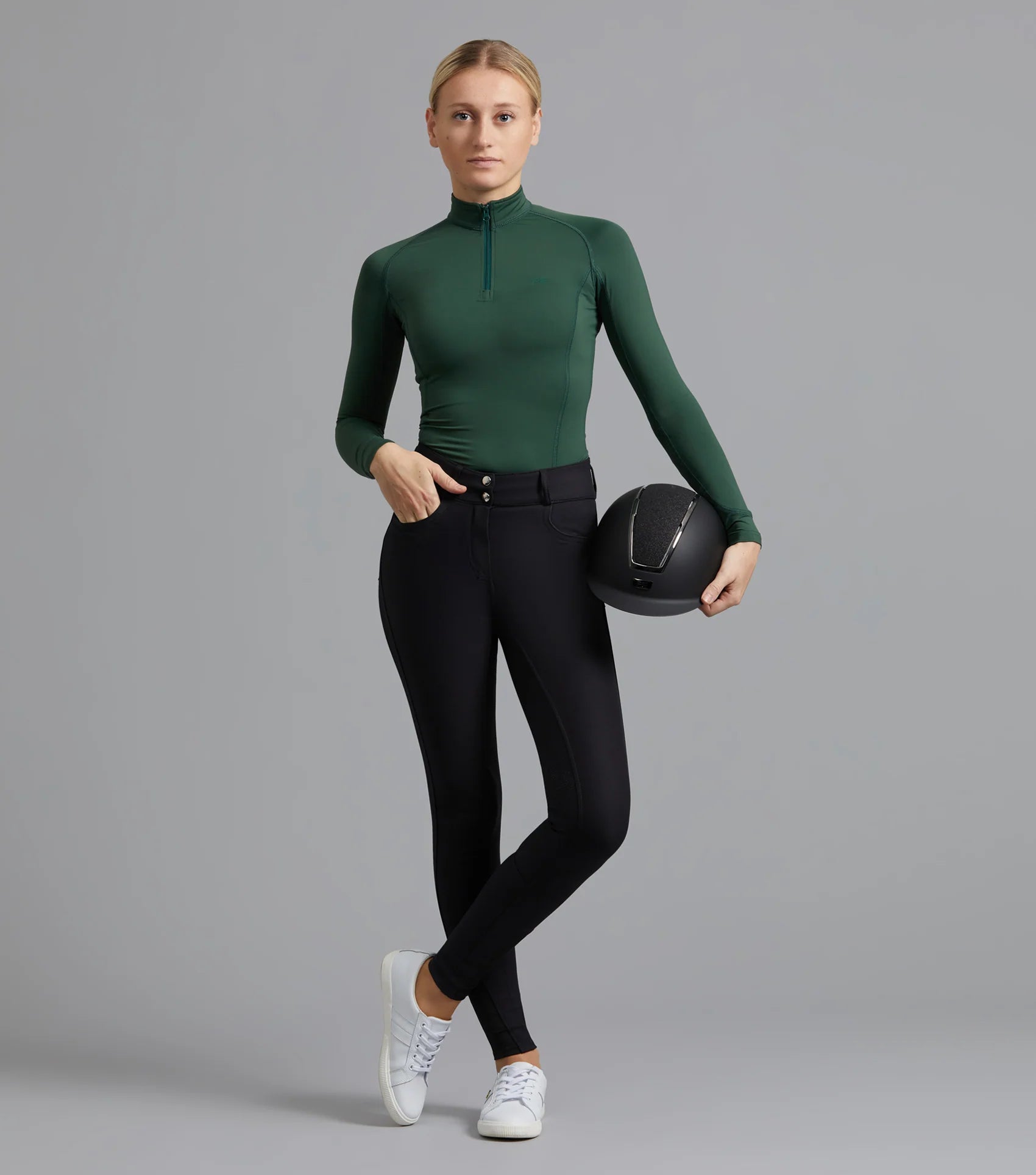 Woman in PREMIER EQUINE Virtue Black Riding Breeches with Full Seat Gel, Equestrian Apparel