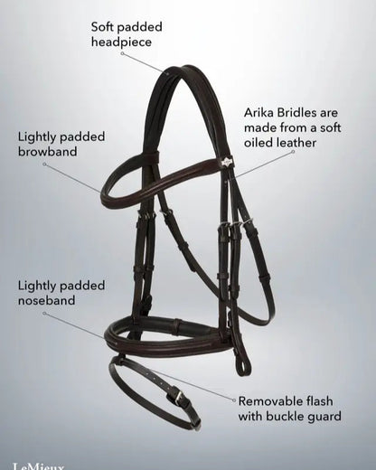 LeMieux Arika Leather Flash Bridle - Soft Padded Headpiece, Browband, Noseband, Removable Flash w Buckle Guard - Equestrian Horse Tack