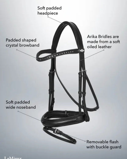 Black Oiled Leather Horse Dressage Bridle with Padded Headpiece, Crystal Browband, and Wide Noseband