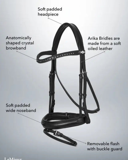 LeMieux Arika Dressage Bridle: Soft Padded Leather Horse Bridle with Crystal Browband, Noseband, and Flash. Black/Silver Fittings