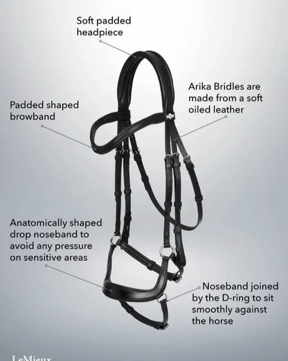 LeMieux Arika Drop Bridle: Anatomical Horse Bridle, Padded Leather, Drop Noseband, Silver Fittings - Equiflair Saddlery